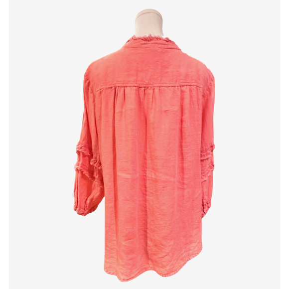 Ivy Jane Coral Orange Linen Boho Shirt Raw Edge Collar Long Sleeve Medium - Picture 5 of 11